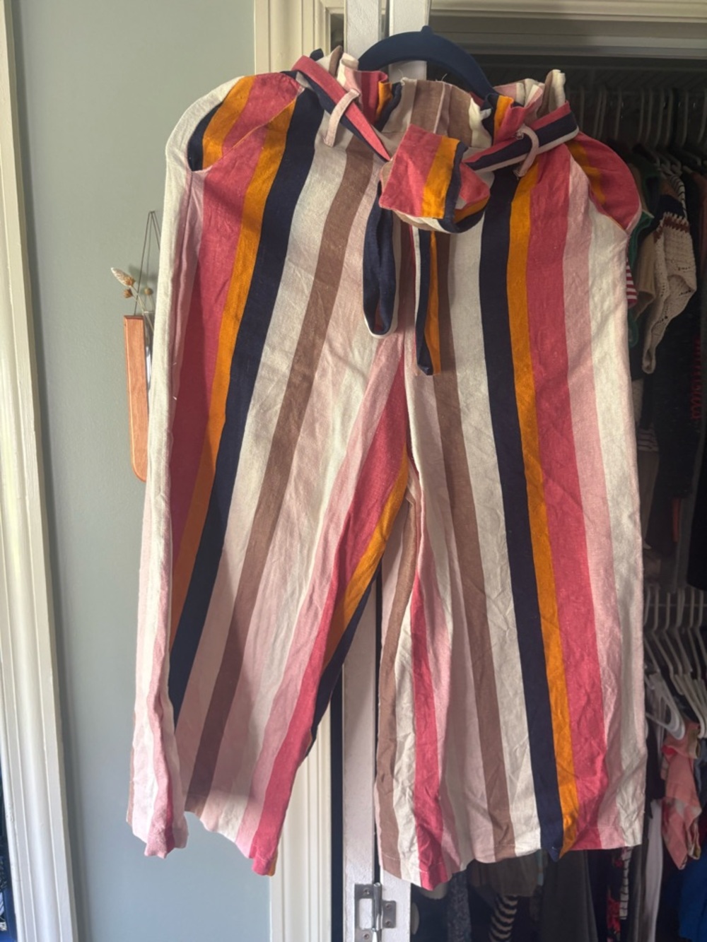 DO+BE Pink, Navy & Mustard Striped Paperbag Waist Pants